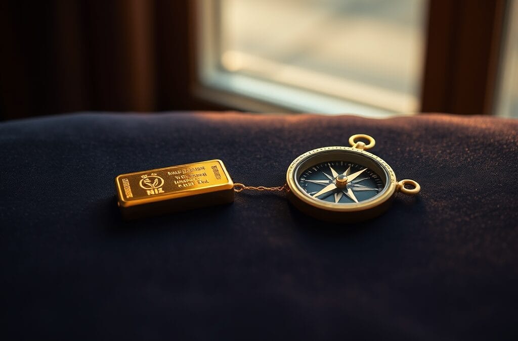 Lingot d or et boussole en laiton relies par un fil dore sur velours sombre