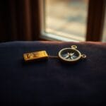 Lingot d or et boussole en laiton relies par un fil dore sur velours sombre