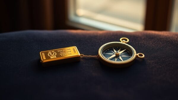 Lingot d or et boussole en laiton relies par un fil dore sur velours sombre