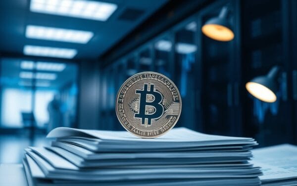 Pièce métallique posée sur une pile de registres dans une salle de trésorerie