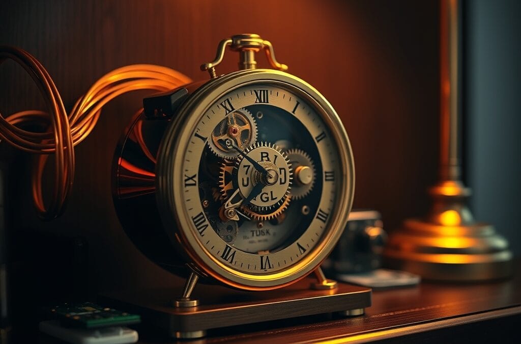 Horloge mecanique en laiton avec engrenages visibles accelerant sur etagere sombre