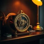 Horloge mecanique en laiton avec engrenages visibles accelerant sur etagere sombre