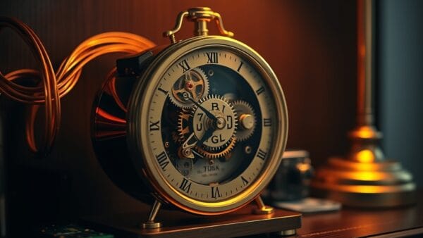 Horloge mecanique en laiton avec engrenages visibles accelerant sur etagere sombre