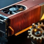 Carte graphique GPU avec dissipateur en cuivre posée sur une surface en ardoise