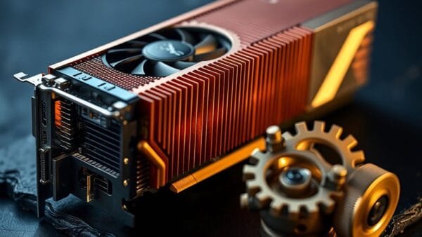 Carte graphique GPU avec dissipateur en cuivre posée sur une surface en ardoise
