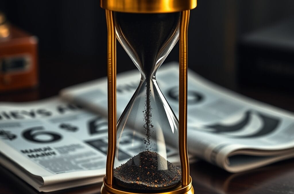 Sablier en laiton retourne avec sable noir s ecoulant rapidement sur un bureau poli