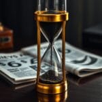 Sablier en laiton retourne avec sable noir s ecoulant rapidement sur un bureau poli