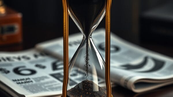 Sablier en laiton retourne avec sable noir s ecoulant rapidement sur un bureau poli