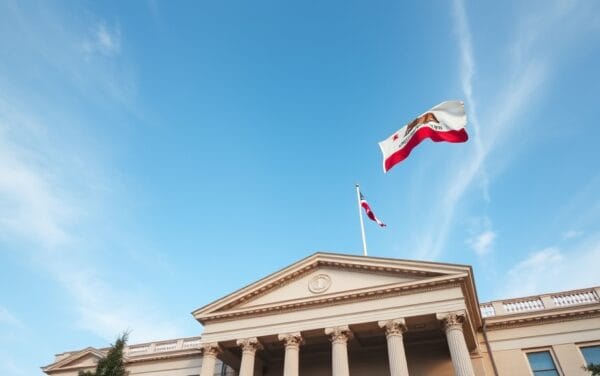 Bâtiment gouvernemental californien à colonnes classiques avec drapeau de l'État