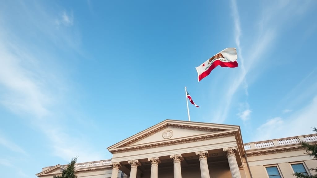 Bâtiment gouvernemental californien à colonnes classiques avec drapeau de l'État