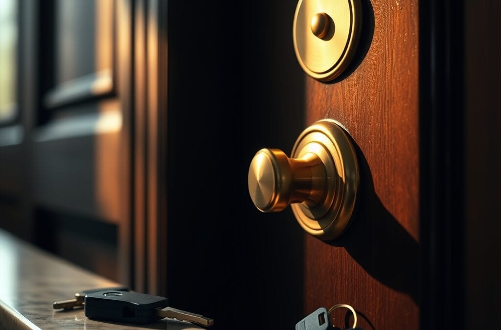 Poignée de porte en laiton d'un bureau gouvernemental avec clés sur un rebord en marbre