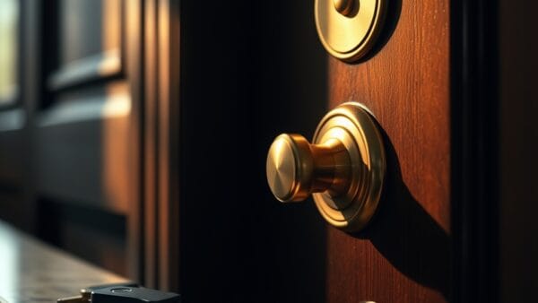 Poignée de porte en laiton d'un bureau gouvernemental avec clés sur un rebord en marbre
