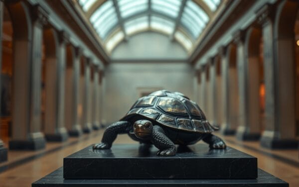 Sculpture en bronze d'une tortue sur socle d'ardoise dans une salle tamisée