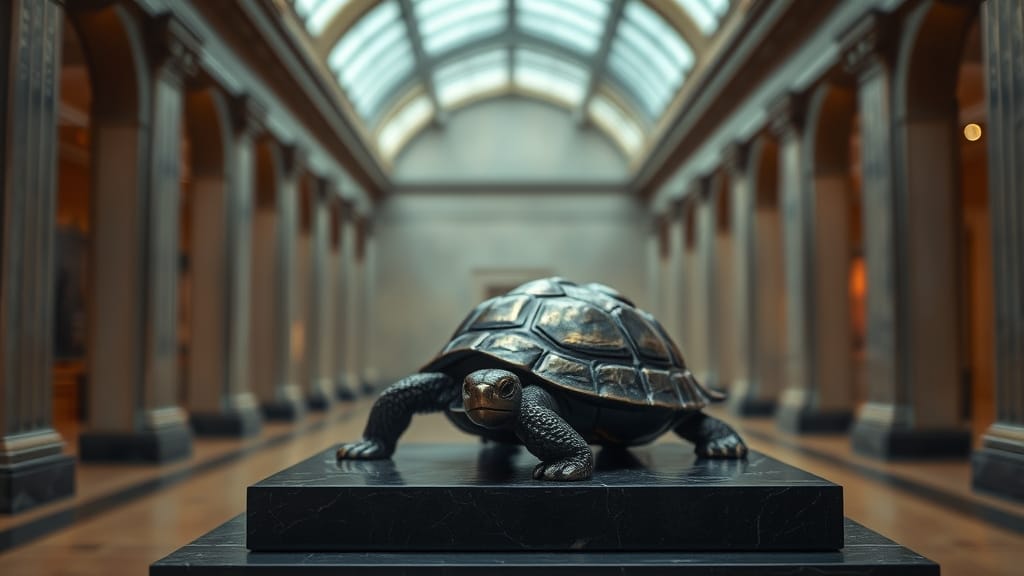 Sculpture en bronze d'une tortue sur socle d'ardoise dans une salle tamisée