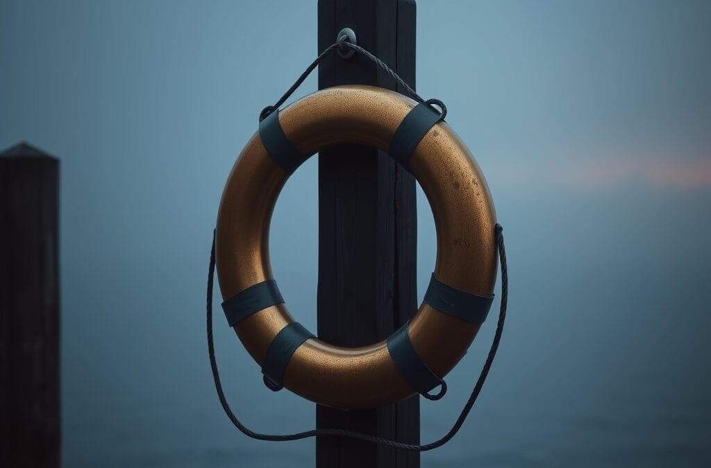 Bouee de sauvetage en laiton accrochee a un poteau de quai avec brume et lueur ambre