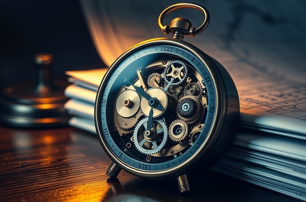 Horloge mécanique avec engrenages en laiton sur un bureau sombre