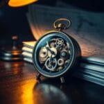 Horloge mécanique avec engrenages en laiton sur un bureau sombre
