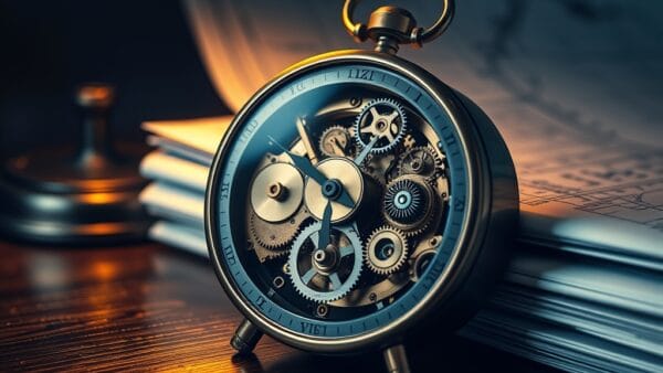 Horloge mécanique avec engrenages en laiton sur un bureau sombre