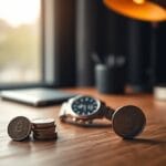 Bureau en bois avec deux pièces métalliques reliées par un fil en laiton et montre argentée en arrière-plan