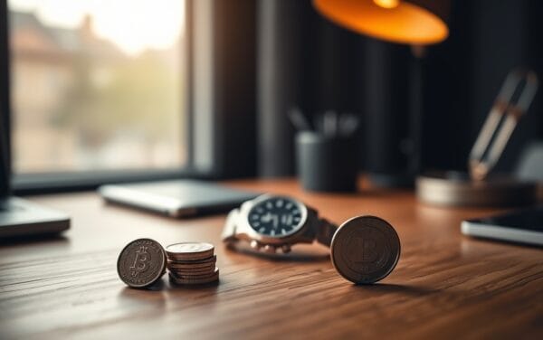 Bureau en bois avec deux pièces métalliques reliées par un fil en laiton et montre argentée en arrière-plan