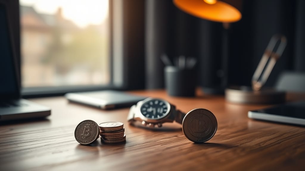 Bureau en bois avec deux pièces métalliques reliées par un fil en laiton et montre argentée en arrière-plan