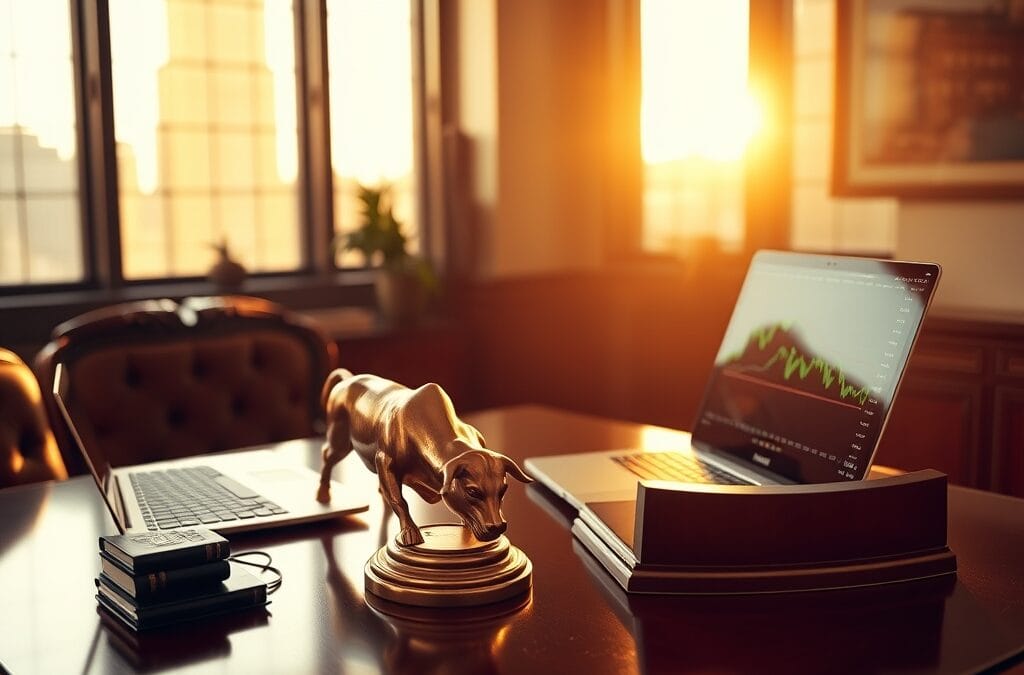 Bureau Wall Street avec figurine taureau en laiton et écran de trading