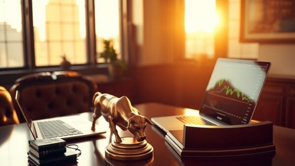 Bureau Wall Street avec figurine taureau en laiton et écran de trading