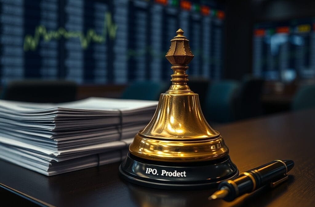 Cloche en laiton sur un bureau de salle de marché avec prospectus d IPO et stylo