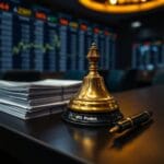 Cloche en laiton sur un bureau de salle de marché avec prospectus d IPO et stylo