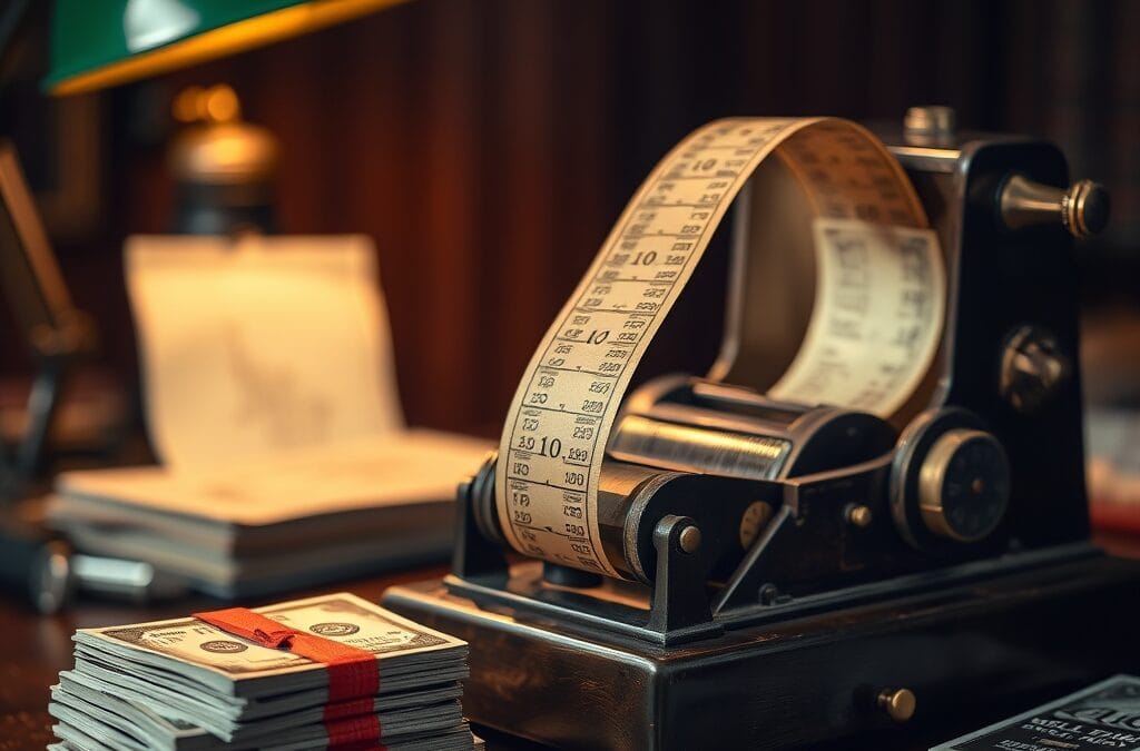 Bande de téléscripteur en laiton s échappant d une machine antique sur bureau de trading