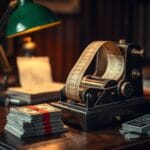 Bande de téléscripteur en laiton s échappant d une machine antique sur bureau de trading