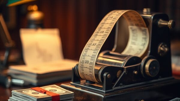 Bande de téléscripteur en laiton s échappant d une machine antique sur bureau de trading