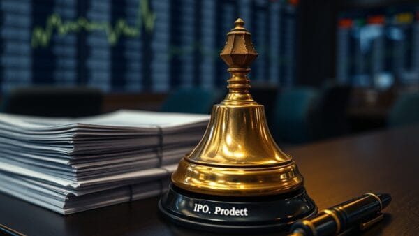 Cloche en laiton sur un bureau de salle de marché avec prospectus d IPO et stylo