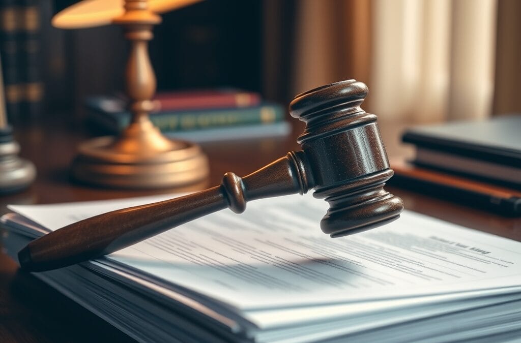 Marteau de juge posé sur une pile de documents juridiques, éclairage chaleureux.