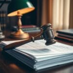 Marteau de juge posé sur une pile de documents juridiques, éclairage chaleureux.
