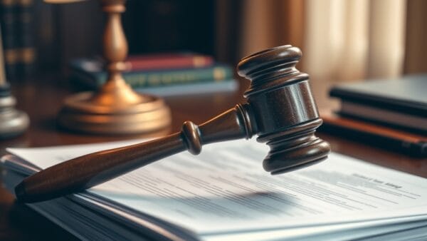 Marteau de juge posé sur une pile de documents juridiques, éclairage chaleureux.