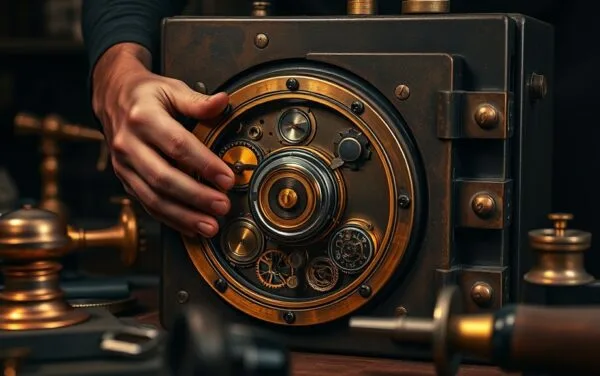 Mains d'horloger ouvrant un coffre-fort ancien aux rouages de cuivre dans un atelier sombre.