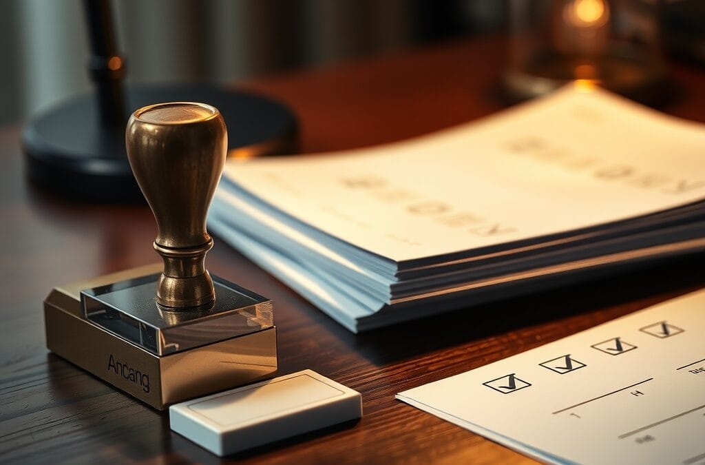 Tampon en laiton a cote d un encreur et documents coches sur bureau en noyer