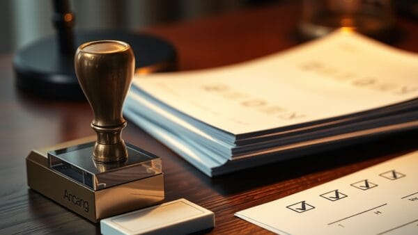 Tampon en laiton a cote d un encreur et documents coches sur bureau en noyer