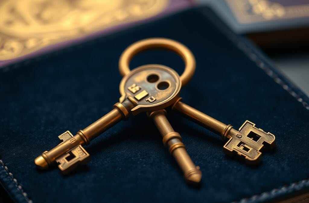 Deux cles en laiton ornees croisees sur du velours sombre avec passeport europeen