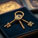 Deux cles en laiton ornees croisees sur du velours sombre avec passeport europeen