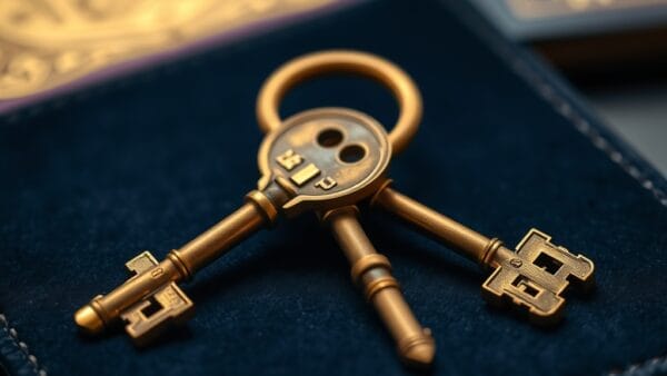 Deux cles en laiton ornees croisees sur du velours sombre avec passeport europeen