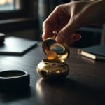 Porte-monnaie en laiton s ouvrant avec une pièce dorée placée à l intérieur