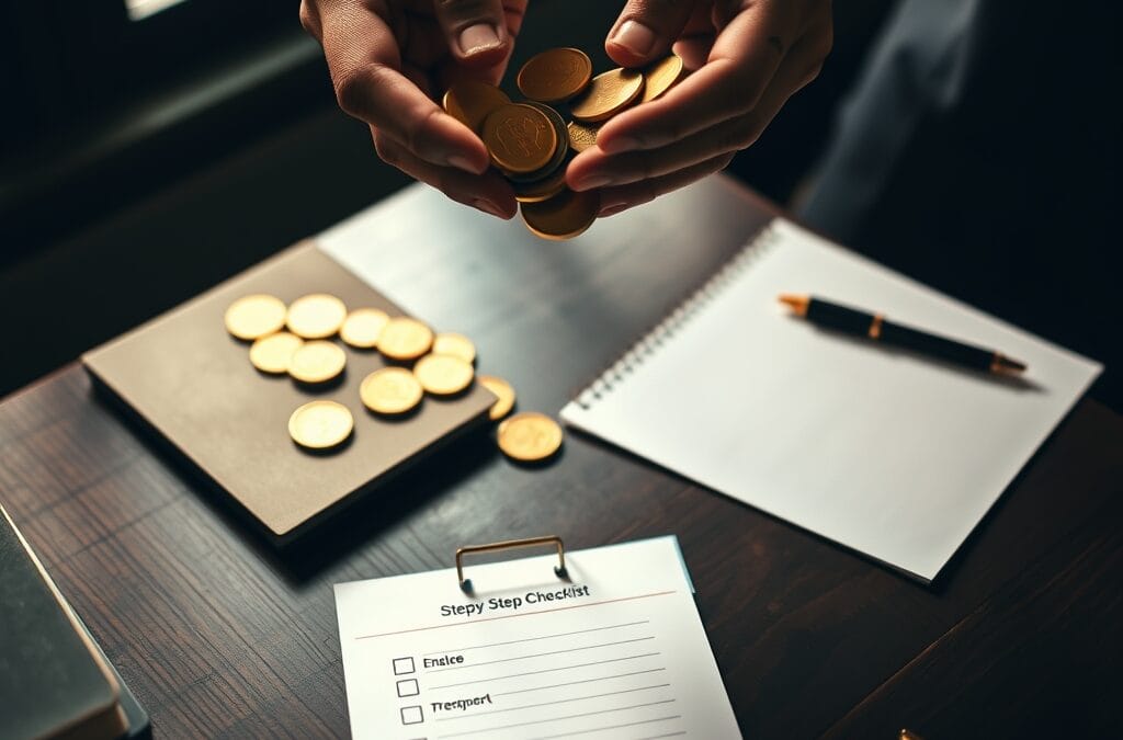 Mains comptant des pieces dorees avec bloc-notes a etapes et stylo en laiton