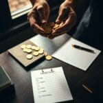 Mains comptant des pieces dorees avec bloc-notes a etapes et stylo en laiton