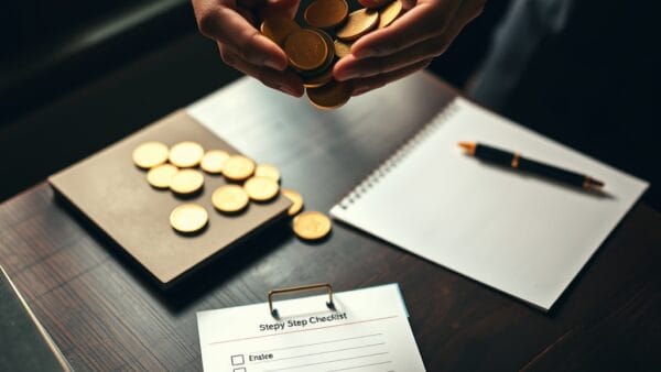 Mains comptant des pieces dorees avec bloc-notes a etapes et stylo en laiton