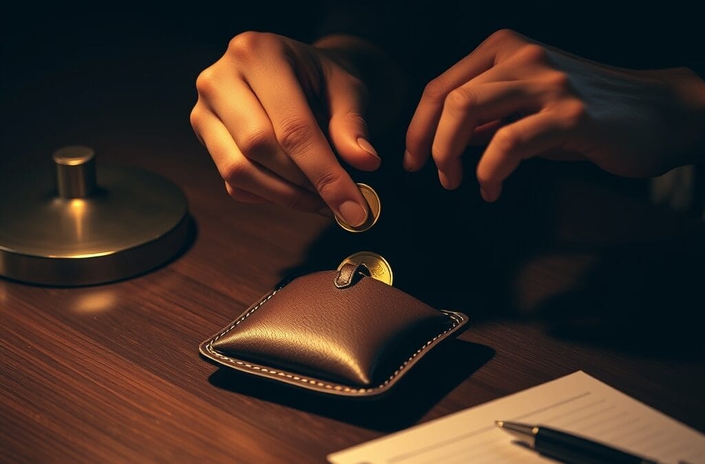 Mains placant une piece doree dans une bourse en cuir sur un bureau en bois sombre