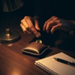 Mains placant une piece doree dans une bourse en cuir sur un bureau en bois sombre