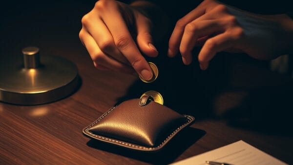 Mains placant une piece doree dans une bourse en cuir sur un bureau en bois sombre