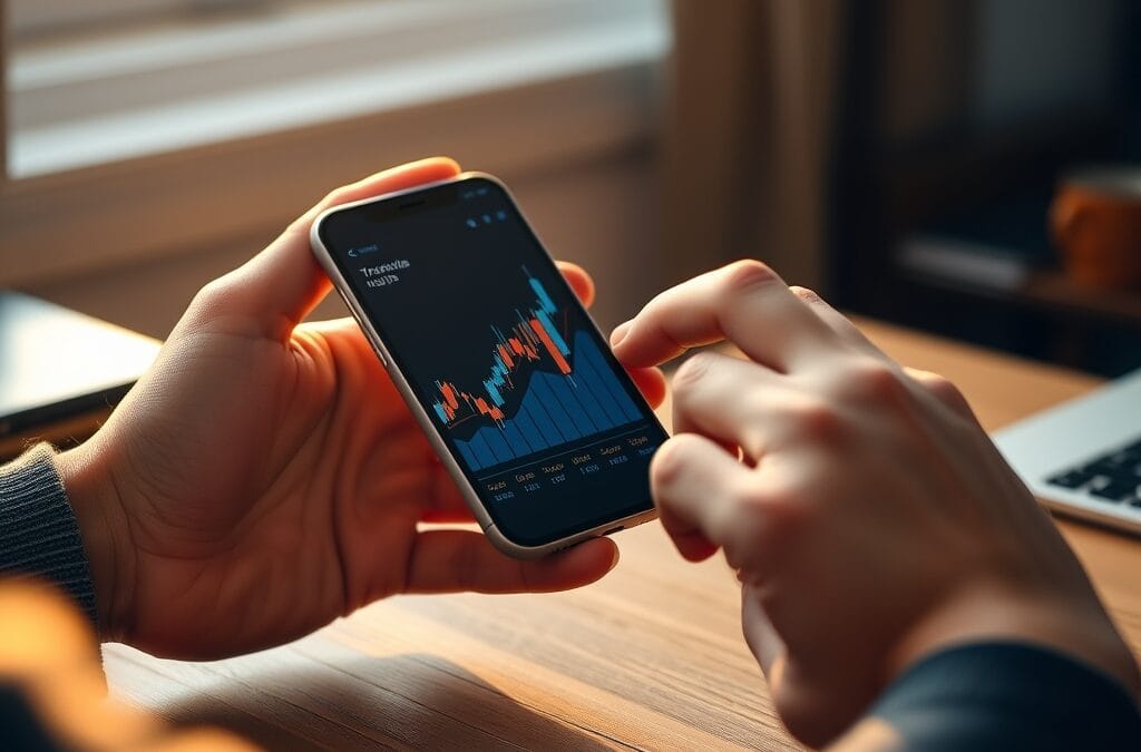 Mains tenant un smartphone avec un graphique stylisé à côté d'une tasse de café sur un bureau en bois